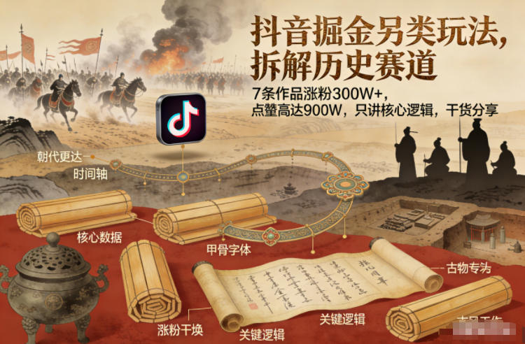 抖音掘金另类玩法,拆解历史赛道,7条作品涨粉300W+,点赞量高达900W,只讲核心逻辑,干货分享-轻创终点站