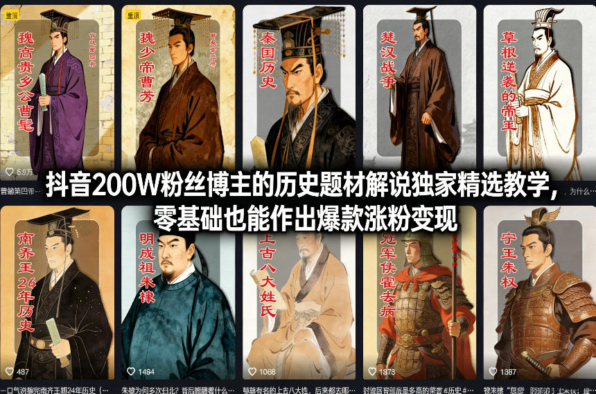 抖音200W粉丝博主的历史题材解说独家精选教学，零基础也能作出爆款涨粉变现-轻创终点站