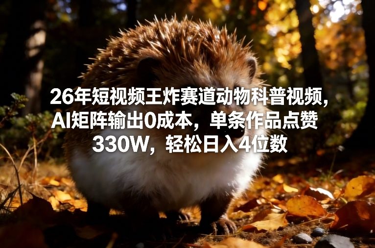 26年短视频王炸赛道动物科普视频，AI矩阵输出0成本，单条作品点赞330W，轻松日入4位数-轻创终点站