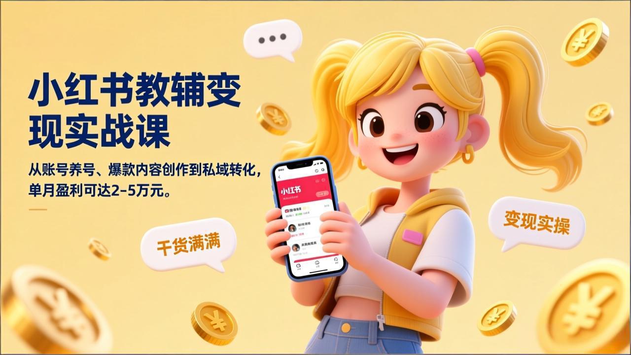 小红书教辅变现实战课，从账号养号、爆款内容创作到私域转化，单月盈利可达2-5万元-轻创终点站