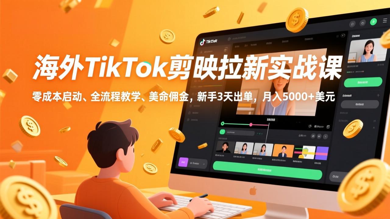 海外TikTok剪映拉新实战课，零成本启动、全流程教学、美金佣金，新手3天出单，月入5000+美元-轻创终点站