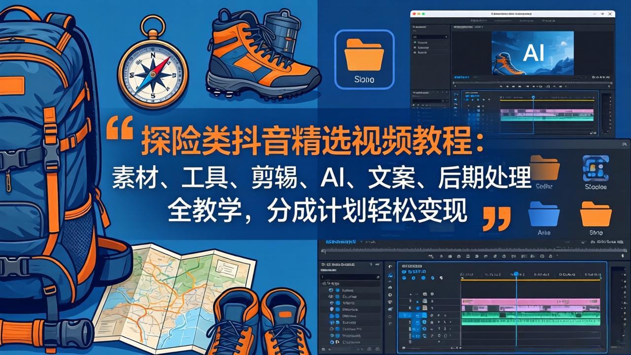 探险类抖音精选视频教程:素材、工具、剪辑、AI、文案、后期处理全教学,分成计划轻松变现-华科轻创