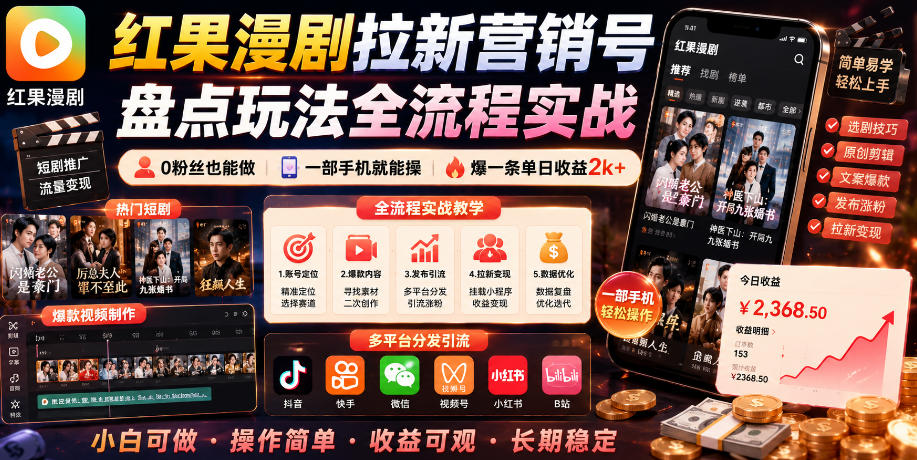 红果漫剧拉新营销号盘点玩法全流程实战，0粉丝也能做，一部手机就能做，爆一条单日收益2k+-网创猫