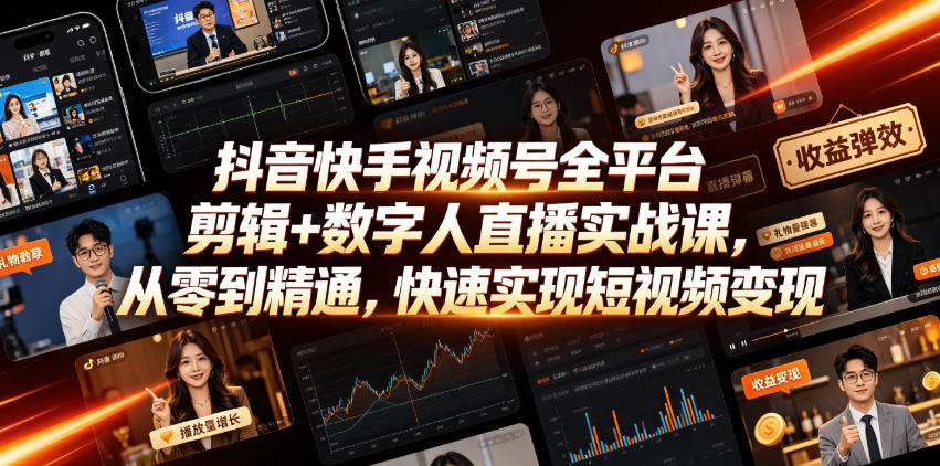 抖音快手视频号全平台剪辑+数字人直播实战课,从零到精通,快速实现短视频变现(更新2026年6月)-卡奇诺-网赚一站式