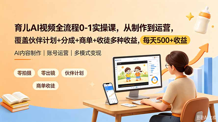 育儿AI视频全流程0-1实操课,从制作到运营,覆盖伙伴计划+分成+商单+收徒多种收益,每天500+收益-小宇网络社区