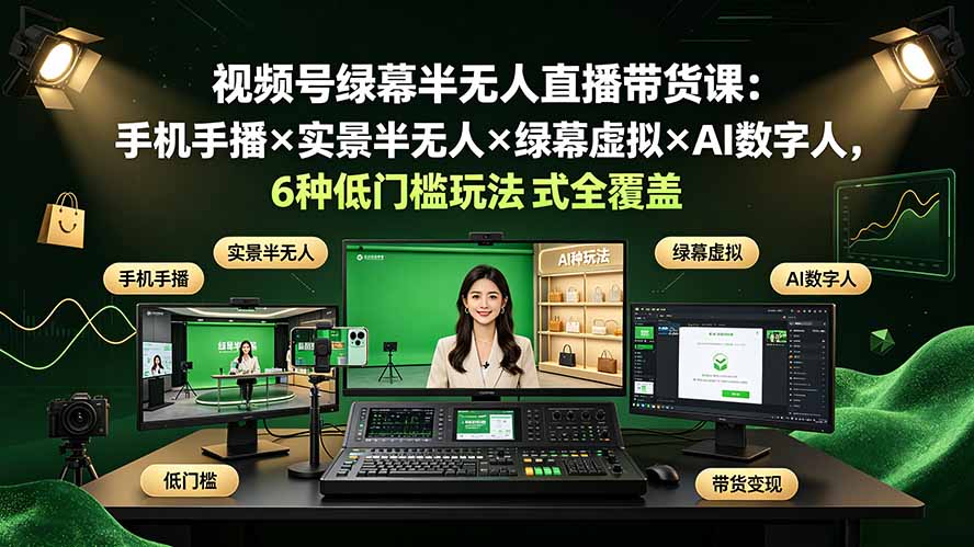 视频号绿幕半无人直播带货课:手机手播×实景半无人×绿幕虚拟×AI数字人,6种低门槛玩法全覆盖-网创库