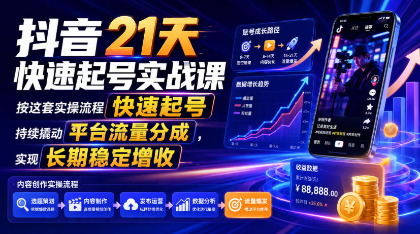 抖音21天快速起号实战课,按这套实操流程快速起号,持续撬动平台流量分成,实现长期稳定增收-轻创终点站