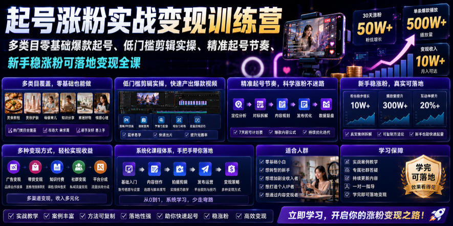 苗子起号涨粉实战变现训练营,多类目零基础爆款起号、精准起号节奏、新手稳涨粉可落地变现全课(更新0719)-牛创网