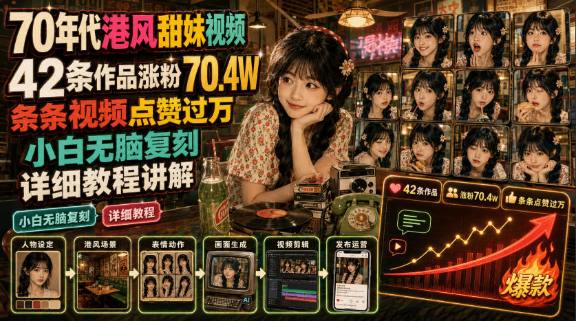 70年代港风甜妹视频,42条作品涨粉70.4W,条条视频点赞过万,小白无脑复刻,详细教程讲解-牛创网