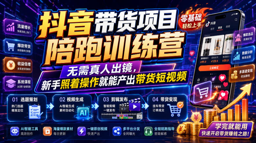 抖音带货项目陪跑训练营,无需真人出镜,新手照着操作就能产出带货短视频-牛创网