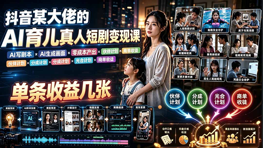 AI育儿真人短剧变现课:AI写剧本×AI生成画面×零成本产出×伙伴计划×分成计划×光合计划×商单收徒-牛创网