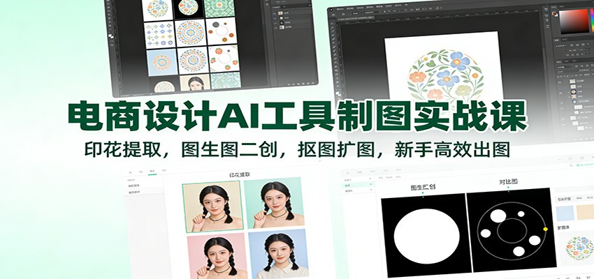 电商设计AI工具制图实战课：印花提取，图生图二创，抠图扩图，新手高效出图-轻创终点站