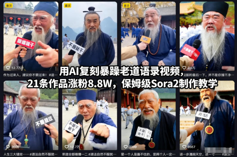 用AI复刻暴躁老道语录视频,21条作品涨粉8.8W,保姆级Sora2制作教学-轻创终点站