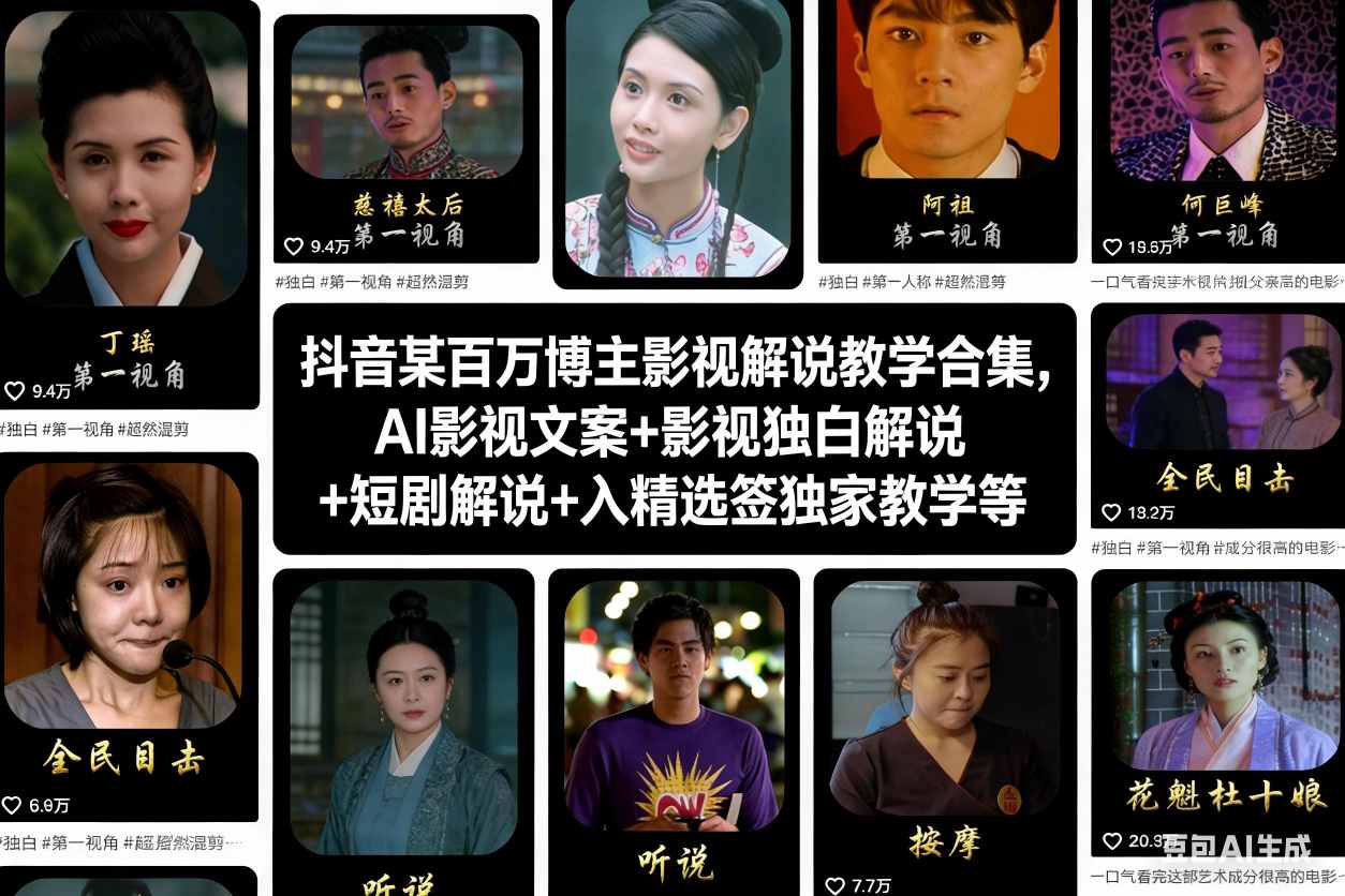 抖音某百万博主影视解说教学合集,AI影视文案+影视独白解说+短剧解说+入精选签独家教学等-轻创终点站