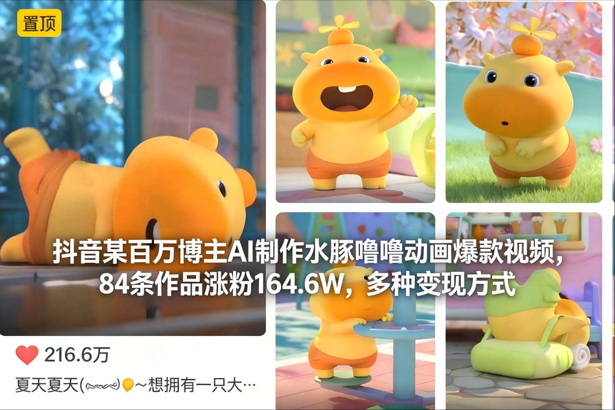 抖音某百万博主AI制作水豚噜噜动画爆款视频，84条作品涨粉164.6W，多种变现方式-轻创终点站