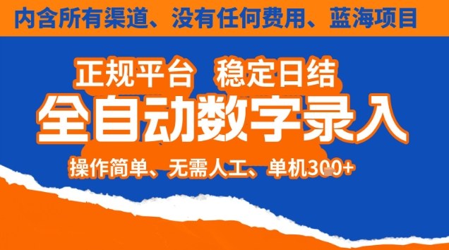 全自动数字录入,单机日入3张+,内含所有渠道全程免费零成本,操作简单可矩阵开干-AI网创项目超市