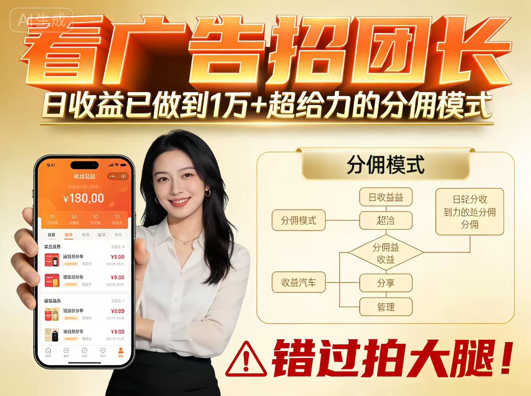 看广告招团长,团队收益已做到日入1万,分佣模式超给力,错过拍大腿-AI网创项目超市