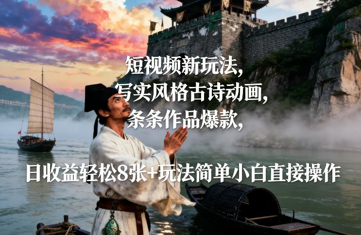 短视频新玩法，写实风格古诗动画，条条作品爆款，日收益轻松8张+玩法简单小白直接操作-轻创终点站