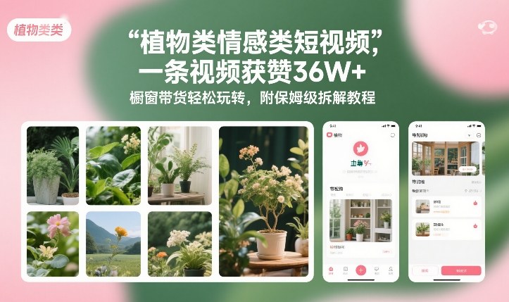 植物类情感类短视频，一条视频获赞36W+，橱窗带货轻松玩转，附保姆级拆解教程-轻创终点站