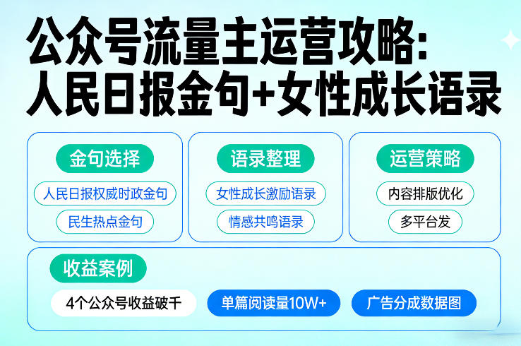 利用人民日报金句+女性成长语录做公众号流量主，4个公众号收益破千-小栈创课网