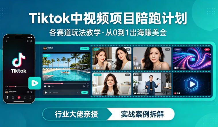 某大佬的Tiktok中视频项目陪跑，涵盖TK各个赛道玩法教学，从0到1出海賺美金-飞驰网创