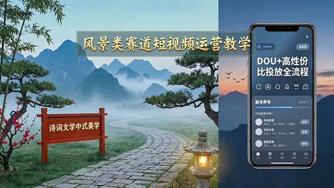 风景类赛道短视频运营教学：诗词文学中式美学，新号养号对标账号定位，DOU+高性价比投放全流程-飞驰网创
