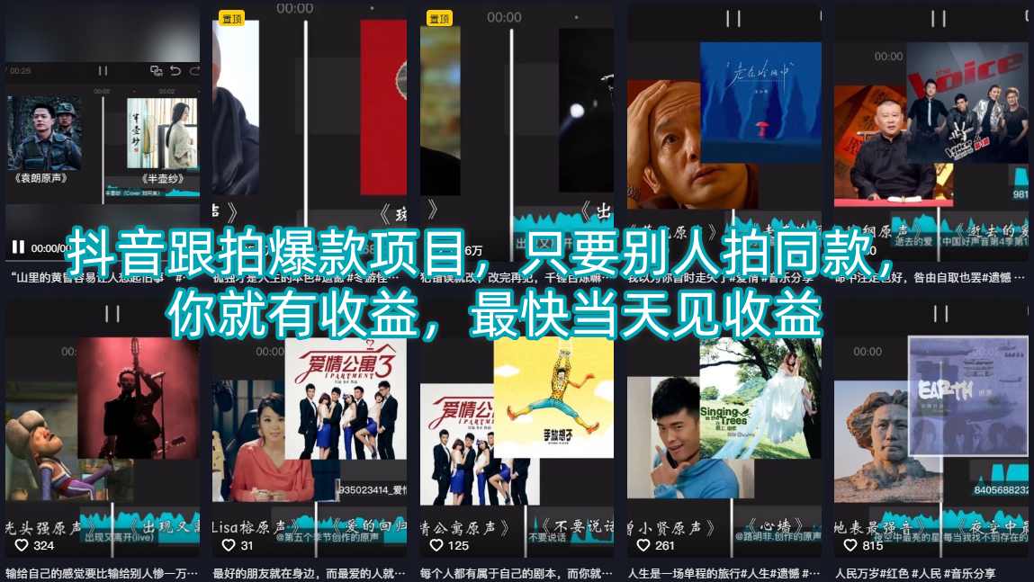 抖音跟拍爆款项目，只要别人拍同款，你就有收益，最快当天见收益-飞驰网创