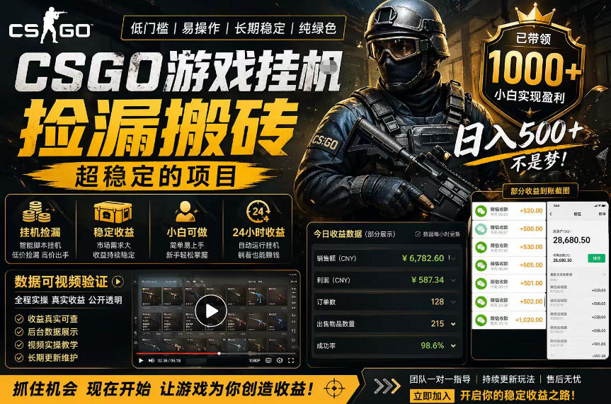 CSGO游戏搬砖，全自动挂G，不需要玩游戏，手机操作日入300+，解放双手【揭秘】-轻创终点站