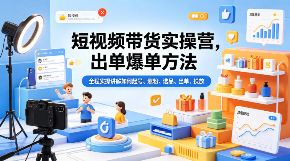 短视频带货实操营，出单爆单方法，全程实操讲解如何起号、涨粉、选品、出单、投放-飞驰网创