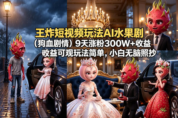 王炸短视频玩法AI水果剧(狗血剧情)9天涨粉300W+收益可观玩法简单，小白无脑照抄，详细拆解玩法-飞驰网创