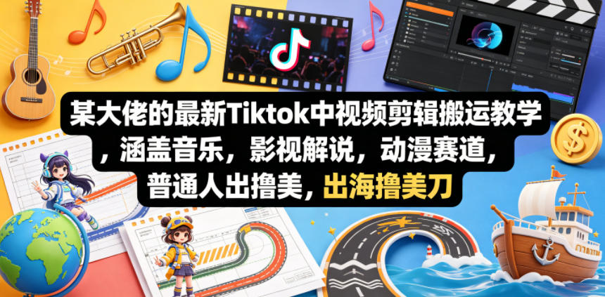 某大佬的最新Tiktok中视频剪辑搬运教学，涵盖音乐，影视解说，动漫赛道，普通人出海撸美刀-飞驰网创