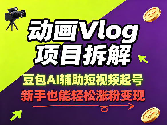 动画Vlog项目拆解，豆包AI辅助短视频起号，新手也能轻松涨粉，43条作品涨粉8.3W-飞驰网创