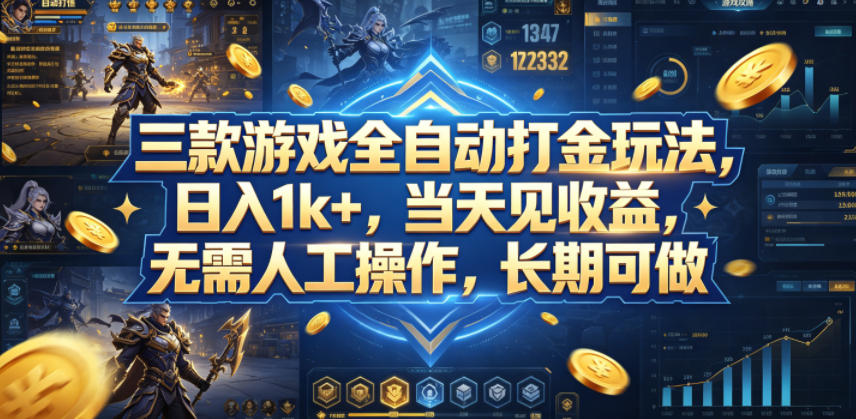 三款游戏全自动打金玩法，日入1k+，当天见收益，无需人工操作，长期可做【揭秘】-轻创终点站