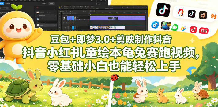 豆包＋即梦3.0+剪映制作抖音小红书儿童绘本龟兔赛跑视频，零基础小白也能轻松上手-飞驰网创