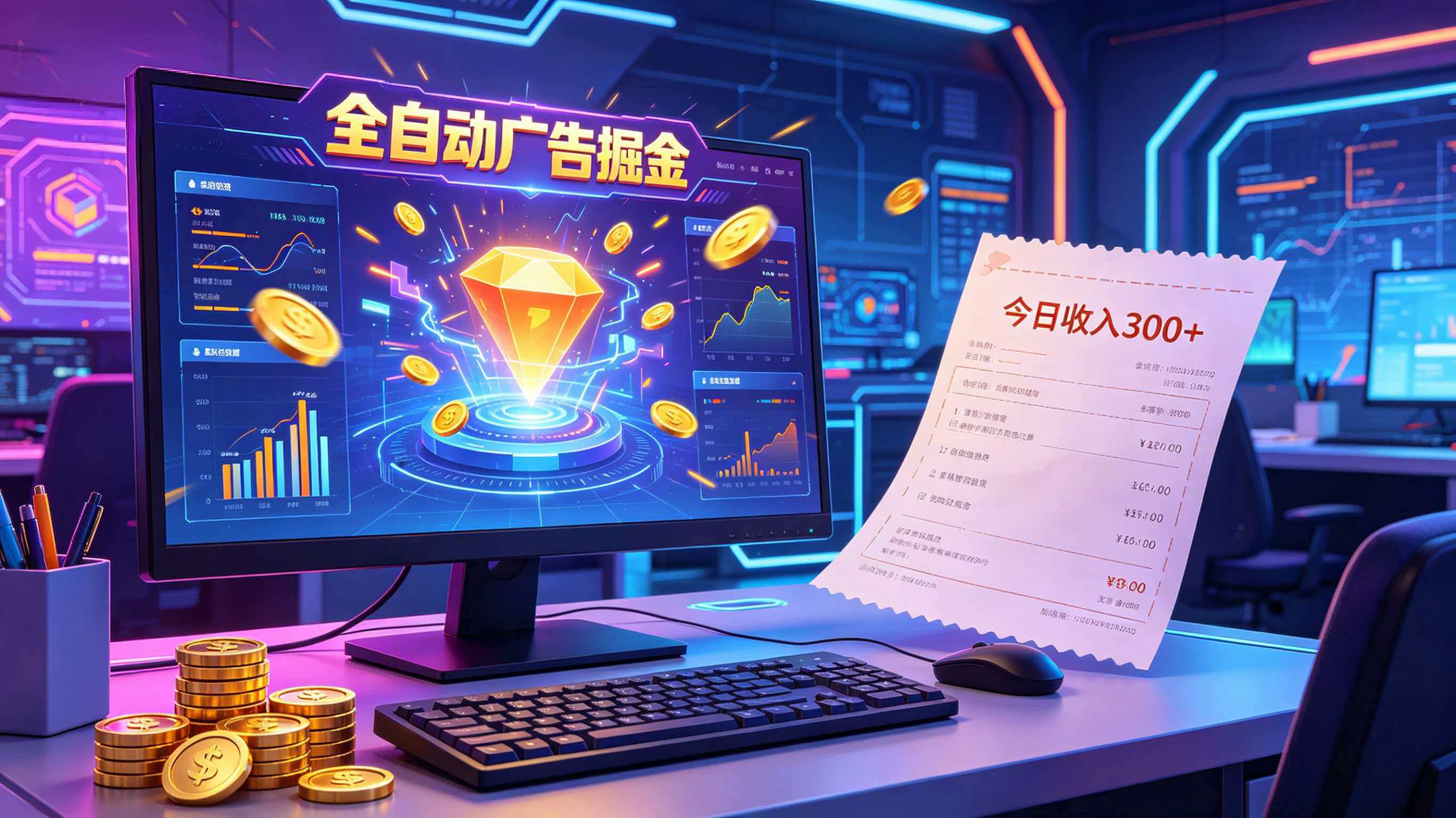全自动广告掘金，日入300+。全程Ai自动化运行，解放双手，时间自由。收益稳定-飞驰网创