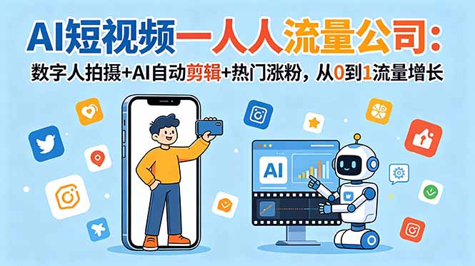 AI短视频一人流量公司：数字人拍摄+AI自动剪辑+热门涨粉，从0到1流量增长-飞驰网创