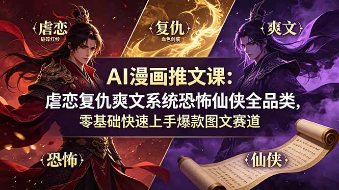 AI漫画推文课：虐恋复仇爽文系统恐怖仙侠全品类，零基础快速上手爆款图文赛道-知拾光-汇聚优质知识，拾获理想前程。