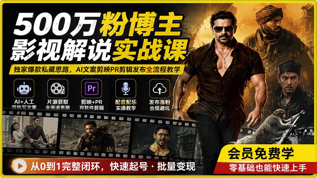 500万粉博主影视解说实战课｜独家爆款私藏思路，AI文案剪映PR剪辑发布全流程教学-渡鸦网创