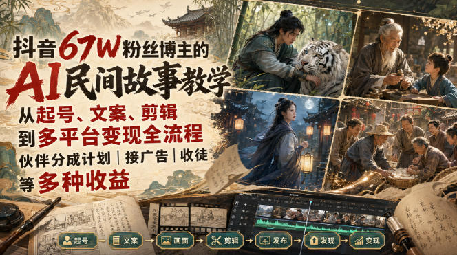 抖音67W粉丝博主的AI民间故事教学，从起号、文案、剪辑到多平台变现全流程，伙伴分成计划接广告等多种收益，月入1W+-要创业网