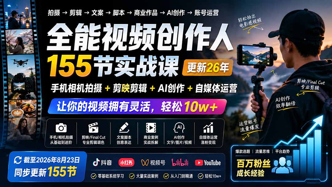 全能视频创作人155节实战课-更新26年8月：手机相机拍摄+剪映剪辑+AI创作+自媒体运营，让你的视频拥有灵活，轻松10w-有点东西站