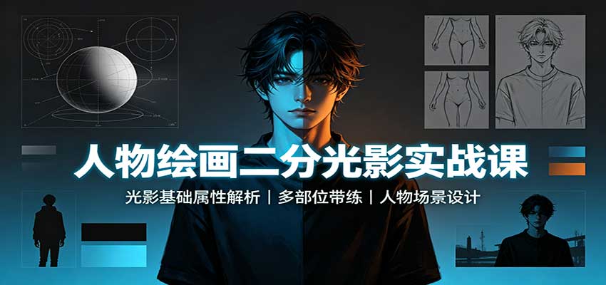 人物绘画二分光影实战课：光影基础属性解析，多部位带练，人物场景设计-细水创业邦