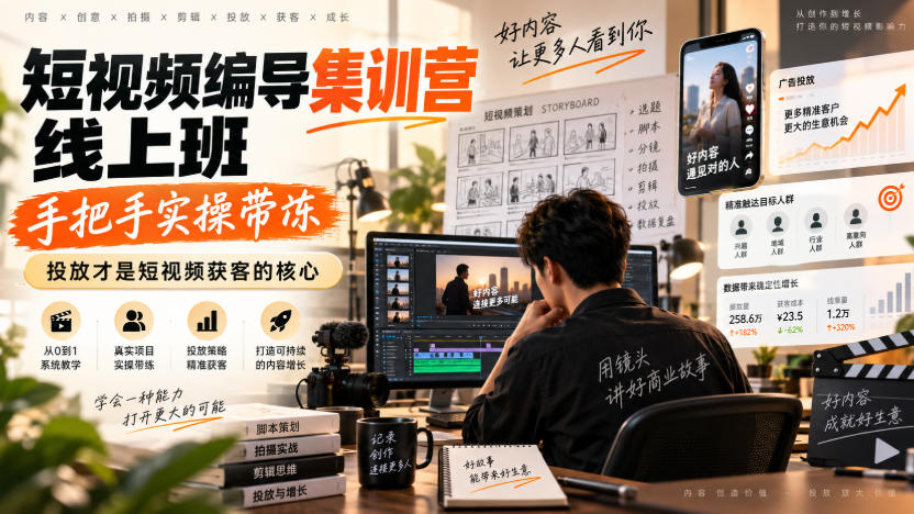短视频编导集训营线上班，手把手实操带冻，投放才是短视频获客的核心-Ai数字电商