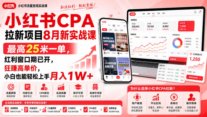 小红书CPA拉新项目8月新实战课，最高25米一单，红利窗口期已开，狂賺高单价，小白也能轻松上手月入1W+(更新0907)-Ai数字电商