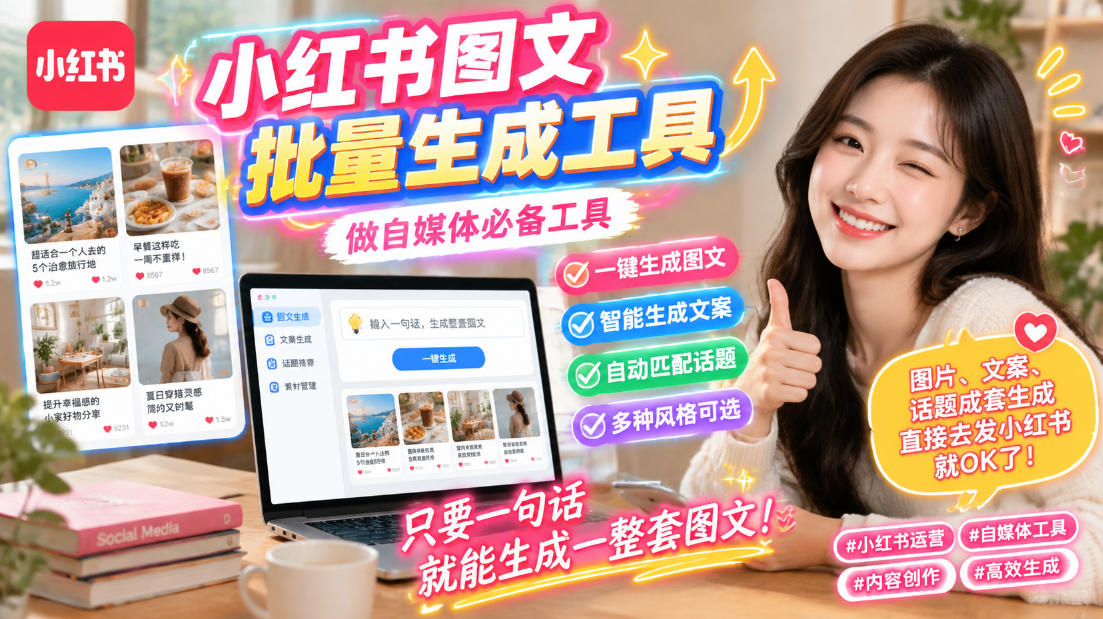 小红书图文批量生成工具，话题、文案、配图一键生成，直接发布，做自媒体必备工具-Ai数字电商