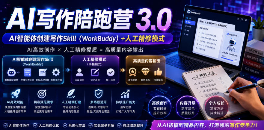 AI写作陪跑营3.0，Ai智能体创建写作skill(workbuddy)+人工手写模式(手搓模式)，去除AI痕迹(头条号、公众号、百家号)(更新0907)-Ai数字电商