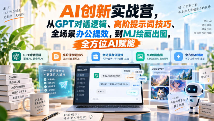AI创新实战营，从GPT对话逻辑、高阶提示词技巧、全场景办公提效，到MJ绘画出图，全方位AI赋能-Ai数字电商