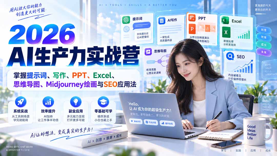 2026AI生产力实战营：掌握提示词、写作、PPT、Excel、思维导图、Midjourney绘画与SEO应用法-掘金阁
