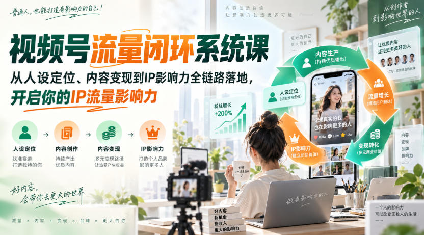 视频号流量闭环系统课，从人设定位、内容变现到IP影响力全链路落地，开启你的IP流量影响力-飞驰网创