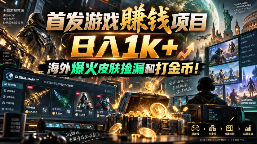 首发游戏賺钱项目，日入1k+，海外爆火皮肤捡漏和打金币！【揭秘】-飞驰网创
