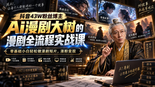 抖音43W粉丝博主Ai漫剧大树的漫剧制作全流程实战课，零基础小白轻松做漫剧短片，涨粉变现-飞驰网创